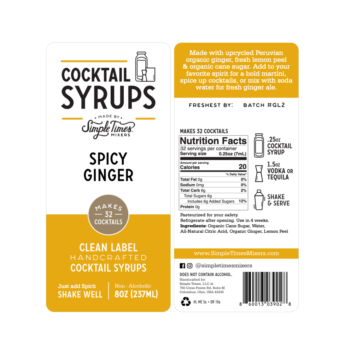 Cocktail Mixers - Alcohol Mixers - Simple Times Mixers - Spicy Ginger Cocktail Syrup